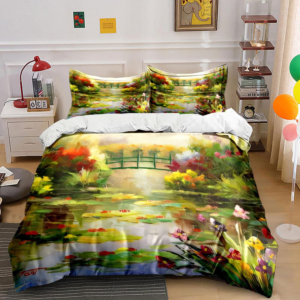 Ruhige Gartenbrücke Kunst-Set Schlafzimmer-Dekoration für Kinder und Erwachsene, Exquisites Dreiteiliges Bettwäsche-Set Geschenk