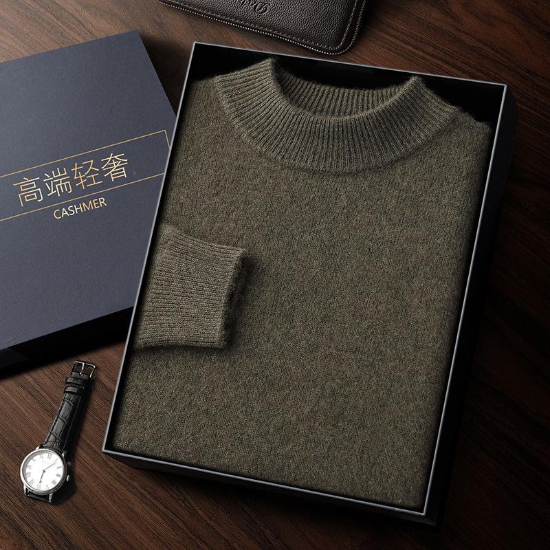 Men's Double-Thick Lamb Cashmere Sweater, Solid Color, Round Neck, Autumn/Winter Base Layer.