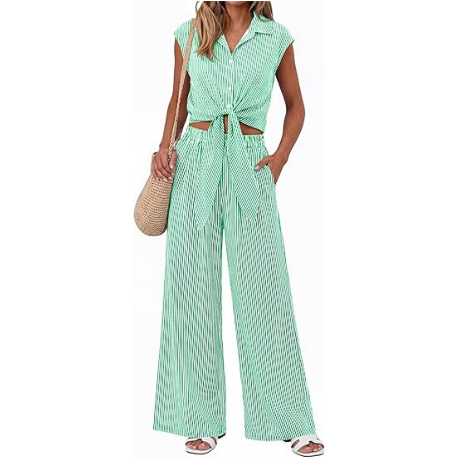 

Women s Striped Button-Front Tie-Up Crop Top and Floral Wide-Leg Pants Summer Set L