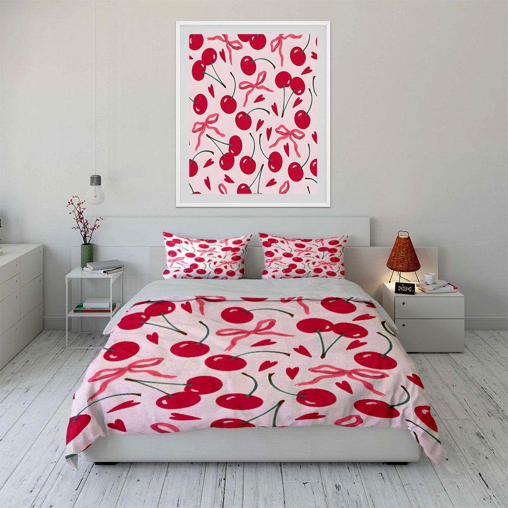 Cherry Pattern with Pink Bows Bedding Duvet Cover Set  (1*Duvet Cover 2*Pillowcases, without duvet insert)