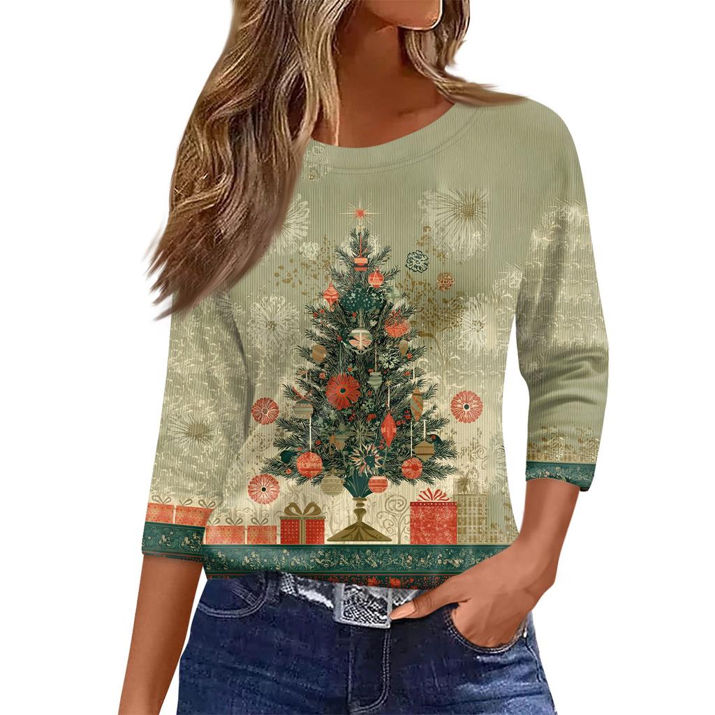 Top de damă cu decolteu O cu mâneci 3/4 cu imprimeu de Crăciun