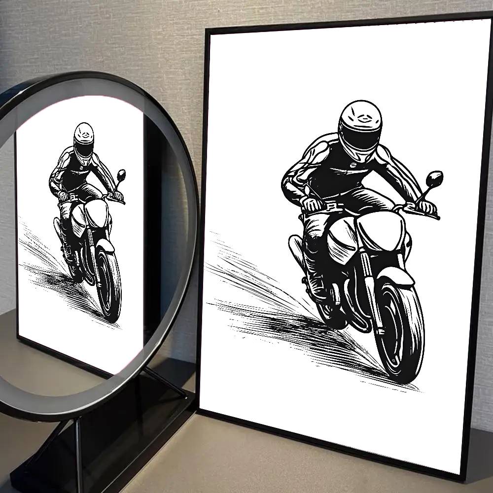 Cool Motorcycle Riding Poster Self-adhesive Art Waterproof Paper Sticker Coffee House Bar Room Wall Decor