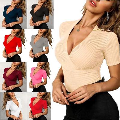 T-shirt manches courtes col en v pour femmes, tricot d'été décontracté, couleur unie, hauts à la mode, Slim, amincissant, sauvage, Y2k