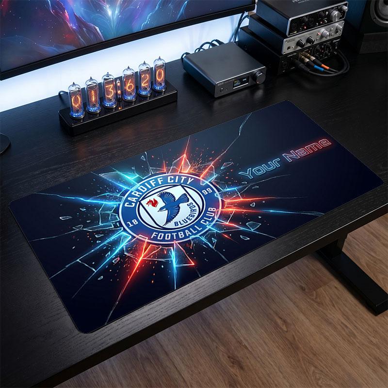 Cardiff City Custom Large Mouse Pad, Personalized Name Text Print, Football Logo Non‑Slip Desk Mat Gaming Gift