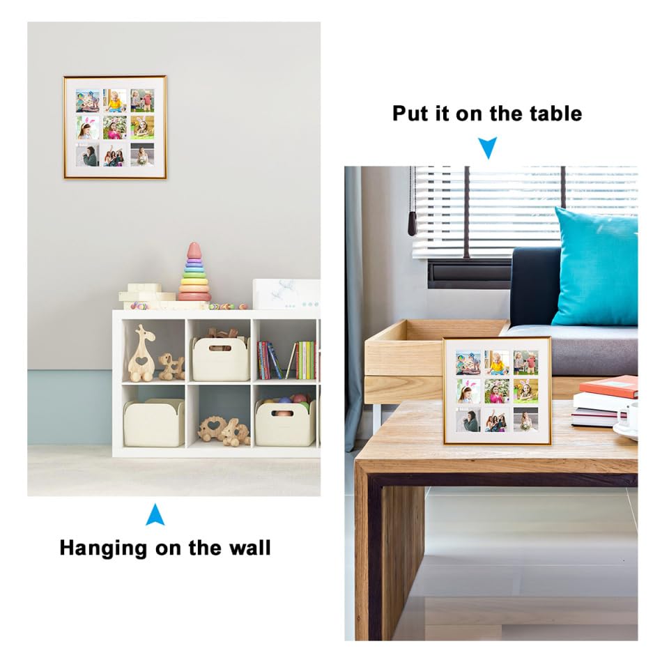 NUOLUX Wall-Mounted Photo Frame, Multi-Faced, Holds 9 Photos, Square, for Interior Decor, Office, Wall-Mounted, or Tabletop Use, Gold