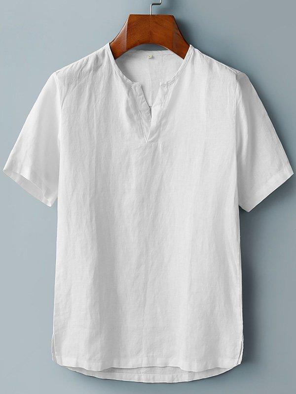 Summer Loose Casual Youth Collarless Linen Cotton Ordinary Solid Color Men's Shirt