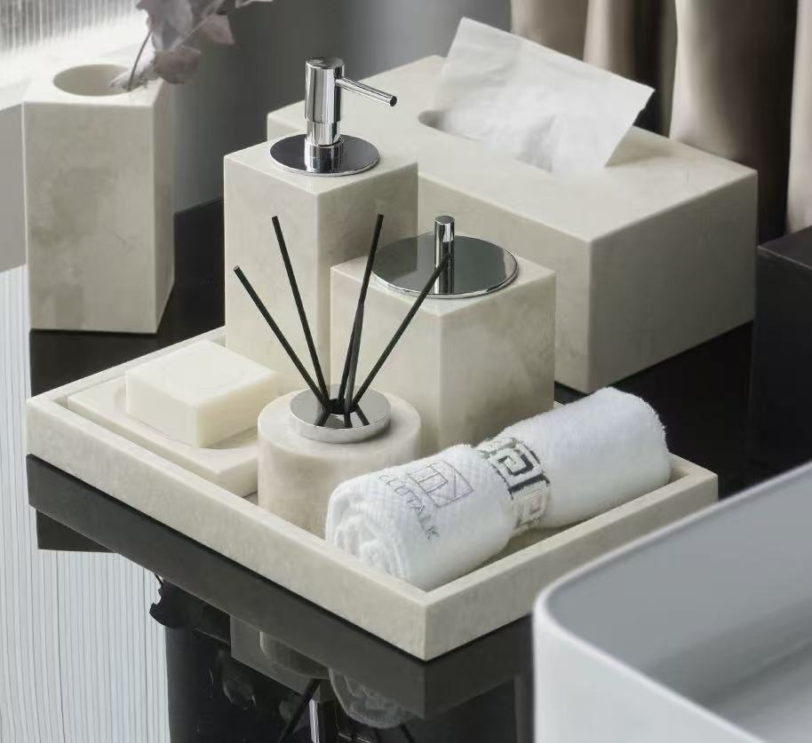 Bathroom Accessories Set 9-Piece Marble White Bathroom Set White Bathroom Accessories with Slim Trash Can Soap Dispenser Brush