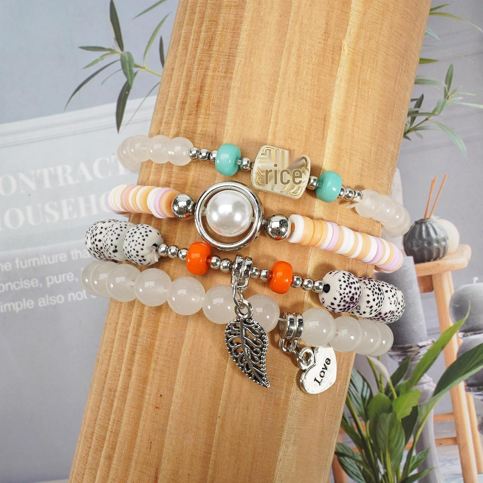 Богемный набор кристальных браслетов для женщин с подвесками в виде сердца и листа - Модные бусинные украшения белый