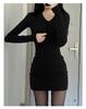 Black V-Neck Knitted Bodycon Dress – Women's Short Sexy Autumn/Winter Layered Base Dress