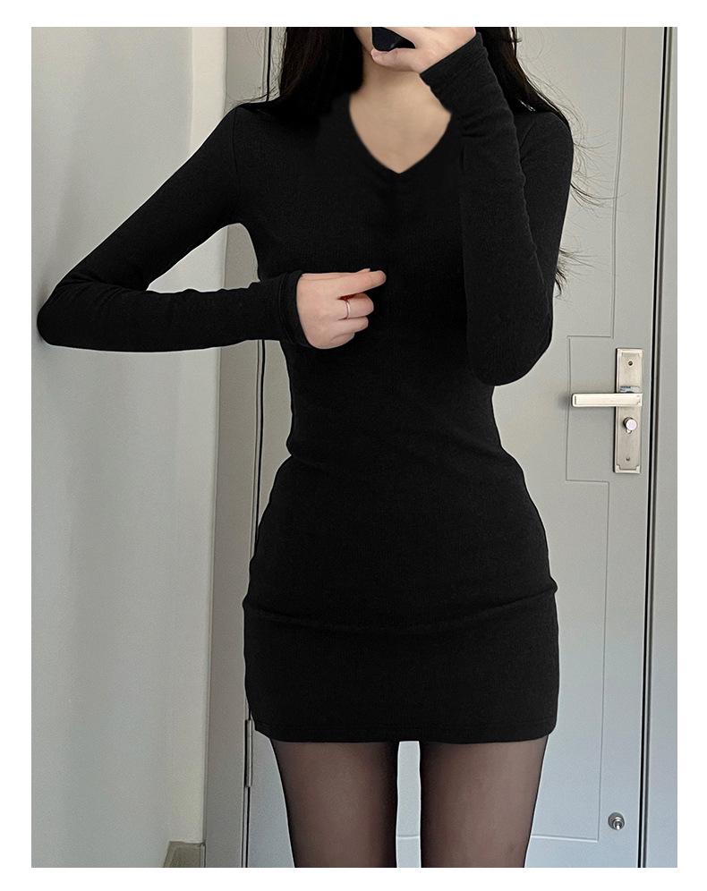Black V-Neck Knitted Bodycon Dress – Women's Short Sexy Autumn/Winter Layered Base Dress