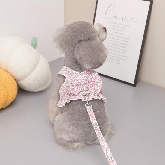 Yousheng Pet Dress Breathable Ruffle Trim Polyester Fashion Bowknot Floral Printing Puppy Dress Harness for Outdoors
