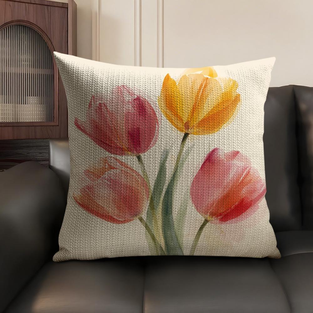 Watercolor Tulip Painting Cushion Cover Natural Linen Organic Fabric DoubleSided Printing Sofa Home Decor Gift Pillow Case