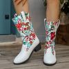 Autumn Winter chunky women's riding boots new leather flower embroidered pointed toe square heel shoes for women mid calf boots