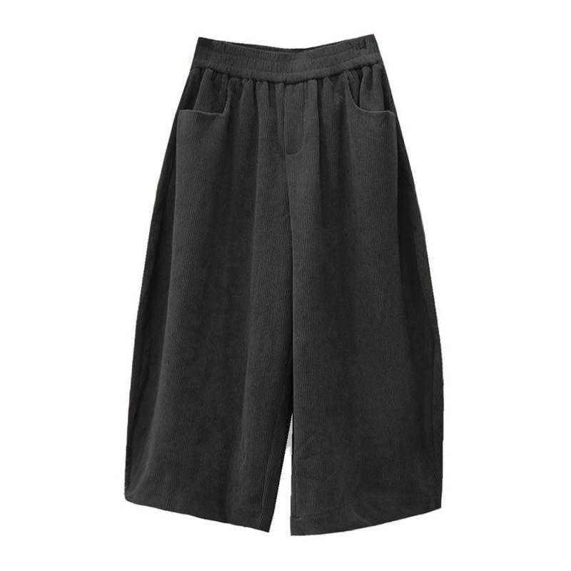 

Осень Зима Винтаж Эластичная Талия Шаровары Женская Мода Однотонные Вельветовые Карманы Свободные Кюлоты с Завышенной Талией Женские Брюки L чёрный