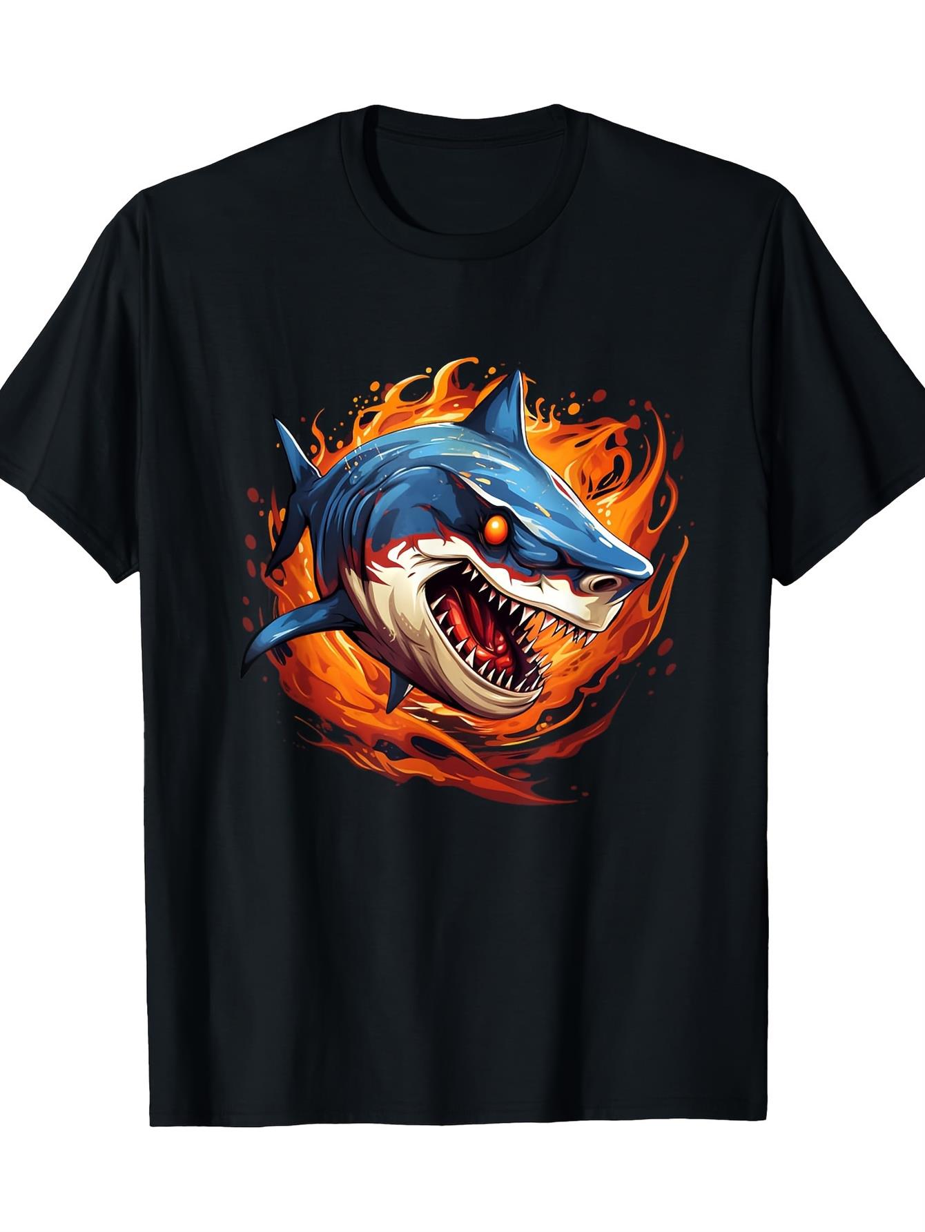 

Black Shark Flames Graphic TShirt 100 Cotton 180gsm Heavyweight Casual Tee with Blue Shark Red Eyes Fiery Teeth Design 4XL
