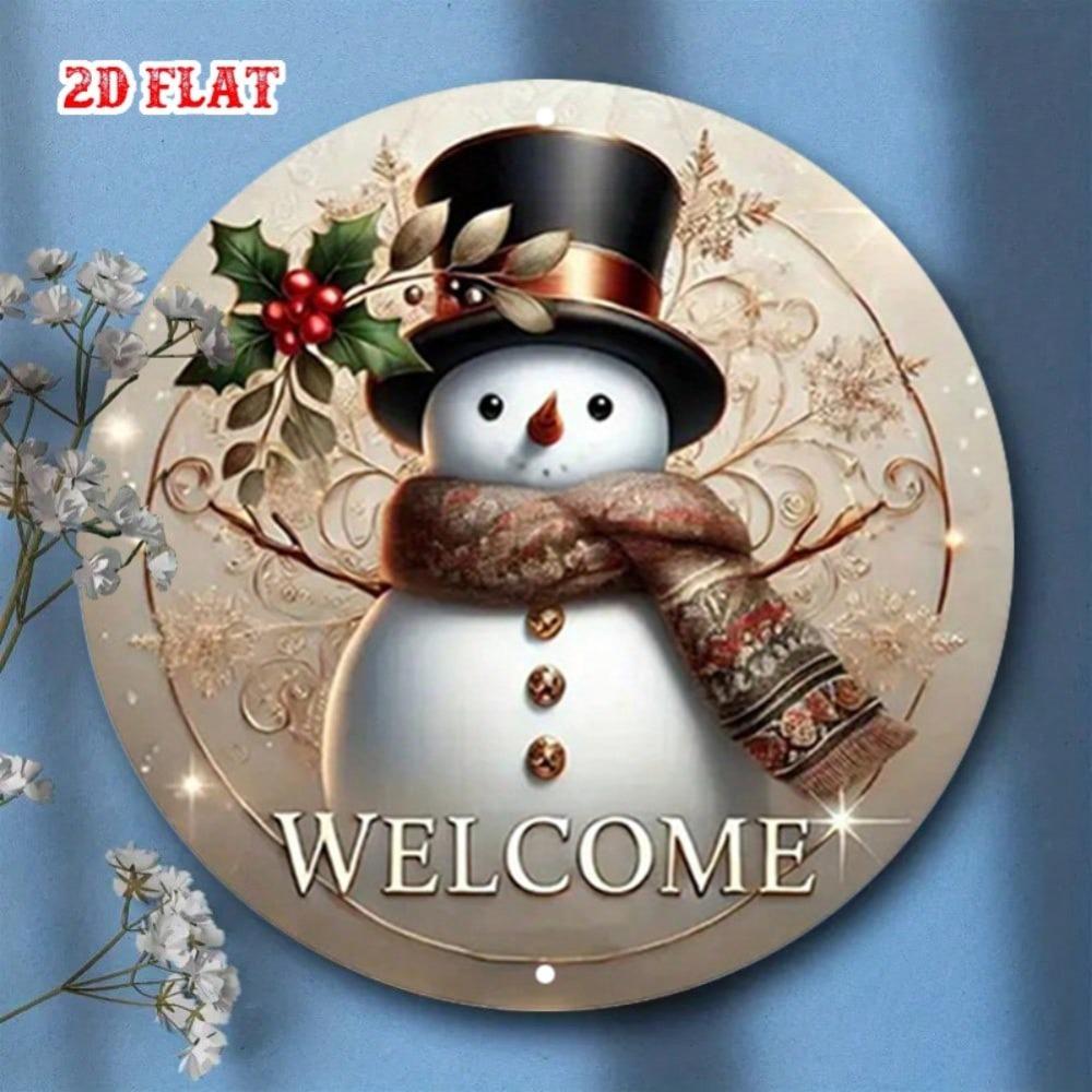 Vintage Snowman Metal Wall Art Round Rustic Christmas Decor Farmhouse Holiday Welcome Sign Winter Home Decor Aluminum Gift