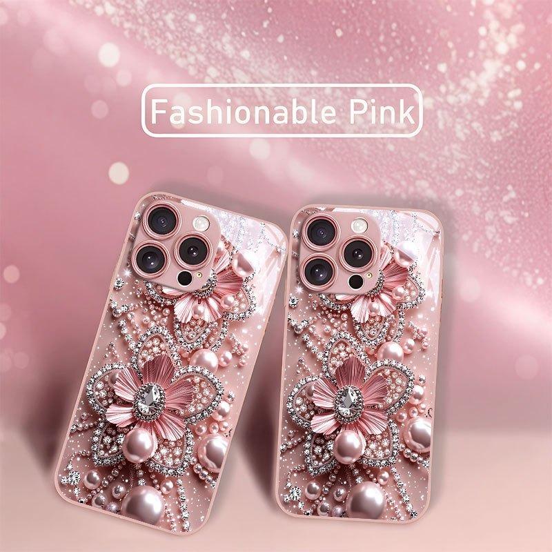 Pink Pearl Diamond Floral Pattern Pink Metallic Glass Phone Case For iPhone 17 Pro Max 11 12 13 14 15 16 Plus 17Air 16E Cover