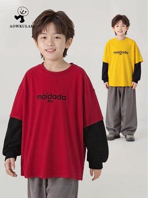 T-shirt Calda in Cotone e Cashmere Stile Coreano per Bambini Autunno/Inverno - Strato Base a Finto Due Pezzi per Ragazzi