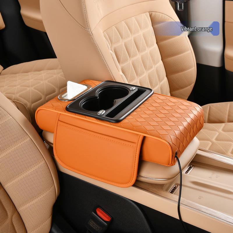 Rhombus Charging Car Armrest with Nappa Leather, Dual Cup Holder, Storage & Tissue Box.
