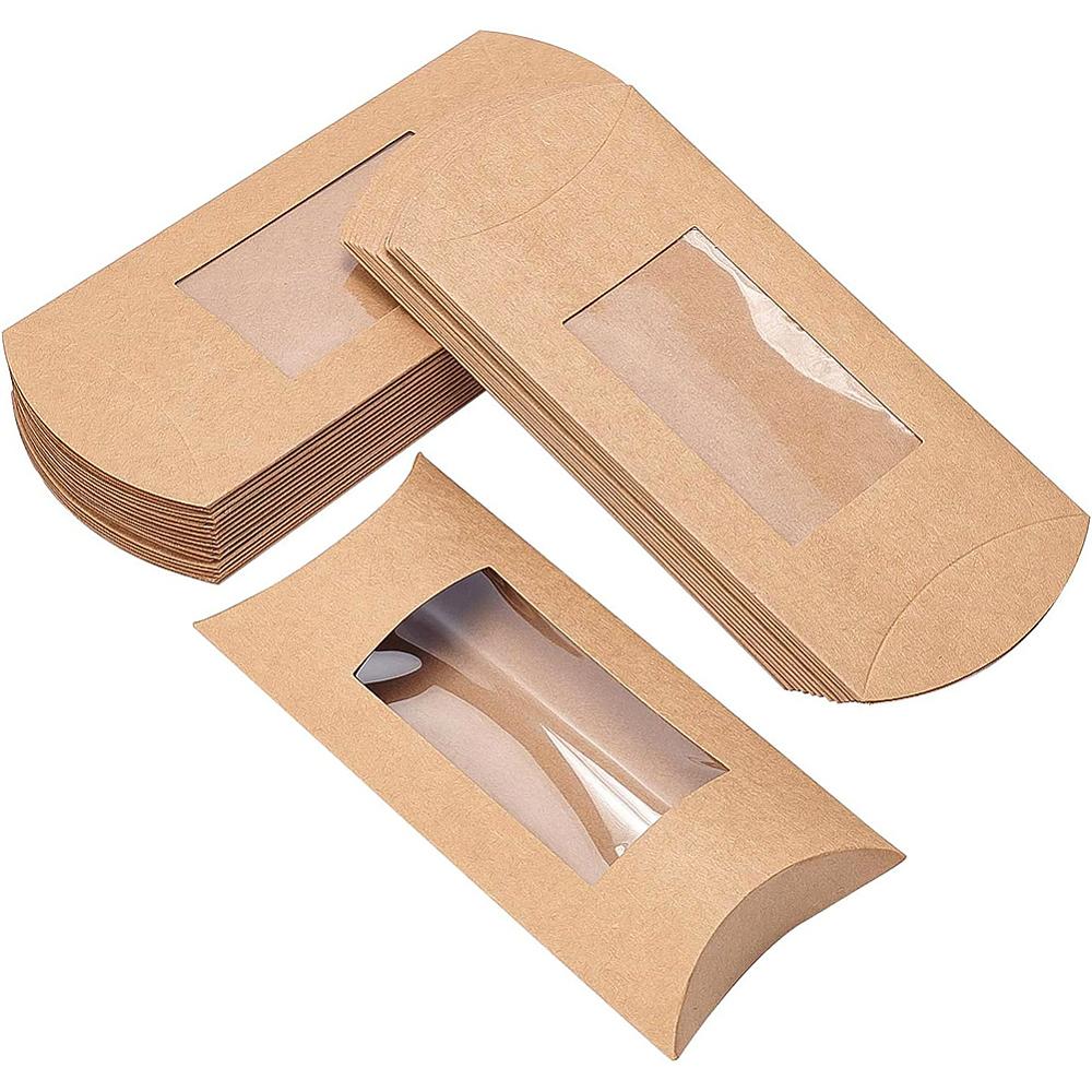 30pcs Kraft Paper Pillow Candy Box with Clear Window for Wedding Favors Baby Shower Birthday Party Supplies Sandy Brown 18.5x7.8x0.8cm