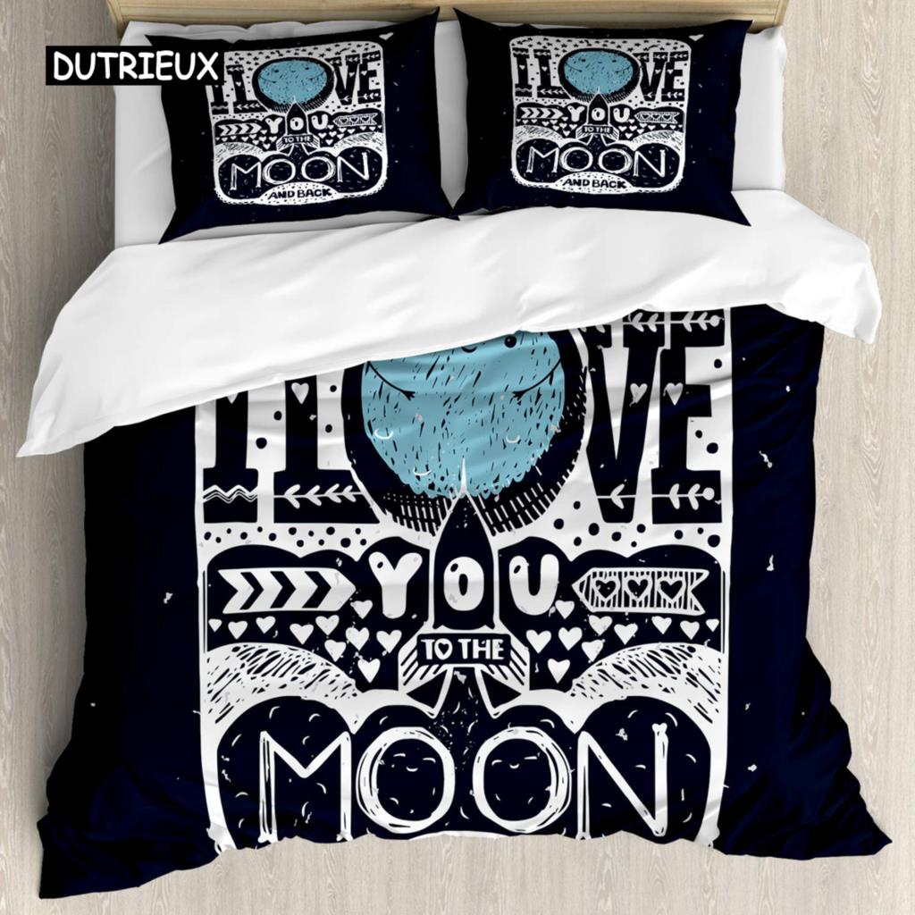 I Love You Duvet Cover Hand Drawn I Love You To The Moon and Back Words with Stars Celebration King Size Polyester Bedding Set