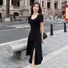 Elegant French Square Neck Black Bodycon Dress with Cinched Waist and High Slit - Summer Goddess Style, Mid-Length Skirt