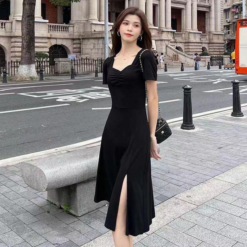 Elegant French Square Neck Black Bodycon Dress with Cinched Waist and High Slit - Summer Goddess Style, Mid-Length Skirt
