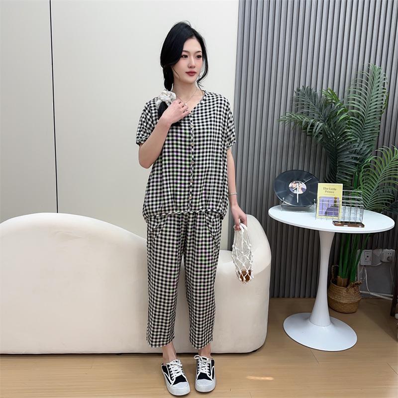 

Летний комплект из хлопка и шелка 2025 года с коротким рукавом и брюками длиной девять точек и тонким кардиганом из вискозы XL