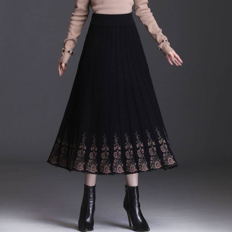 Kvinners fortykket A-linjeskjørt trykt strikkeskjørt høst og vinter etnisk stil høy midje