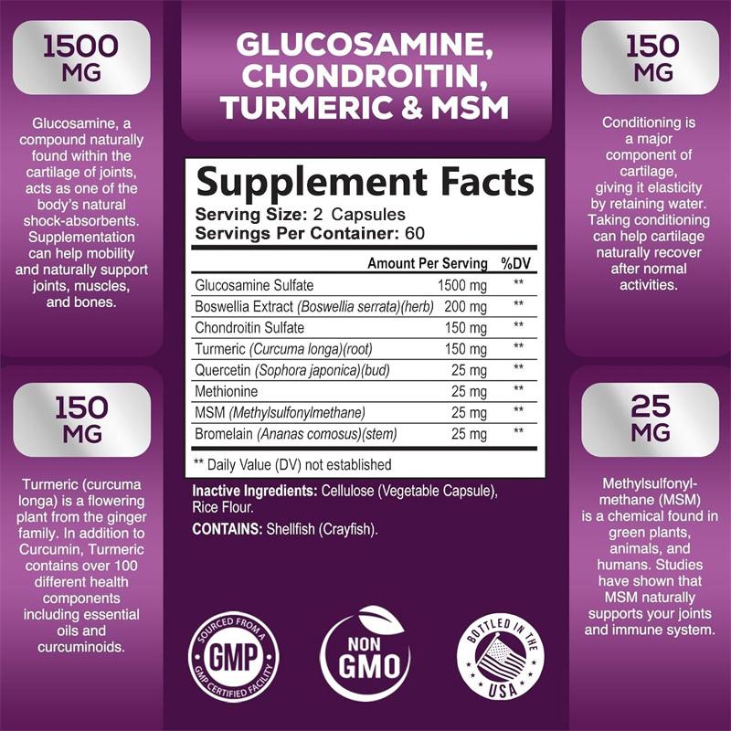 GLUCOSAMINE CHONDROITIN - Contains MSM and Turmeric To Support Potent Antioxidants and Healthy Inflammatory Response, Non-GMO, 120 Capsules.