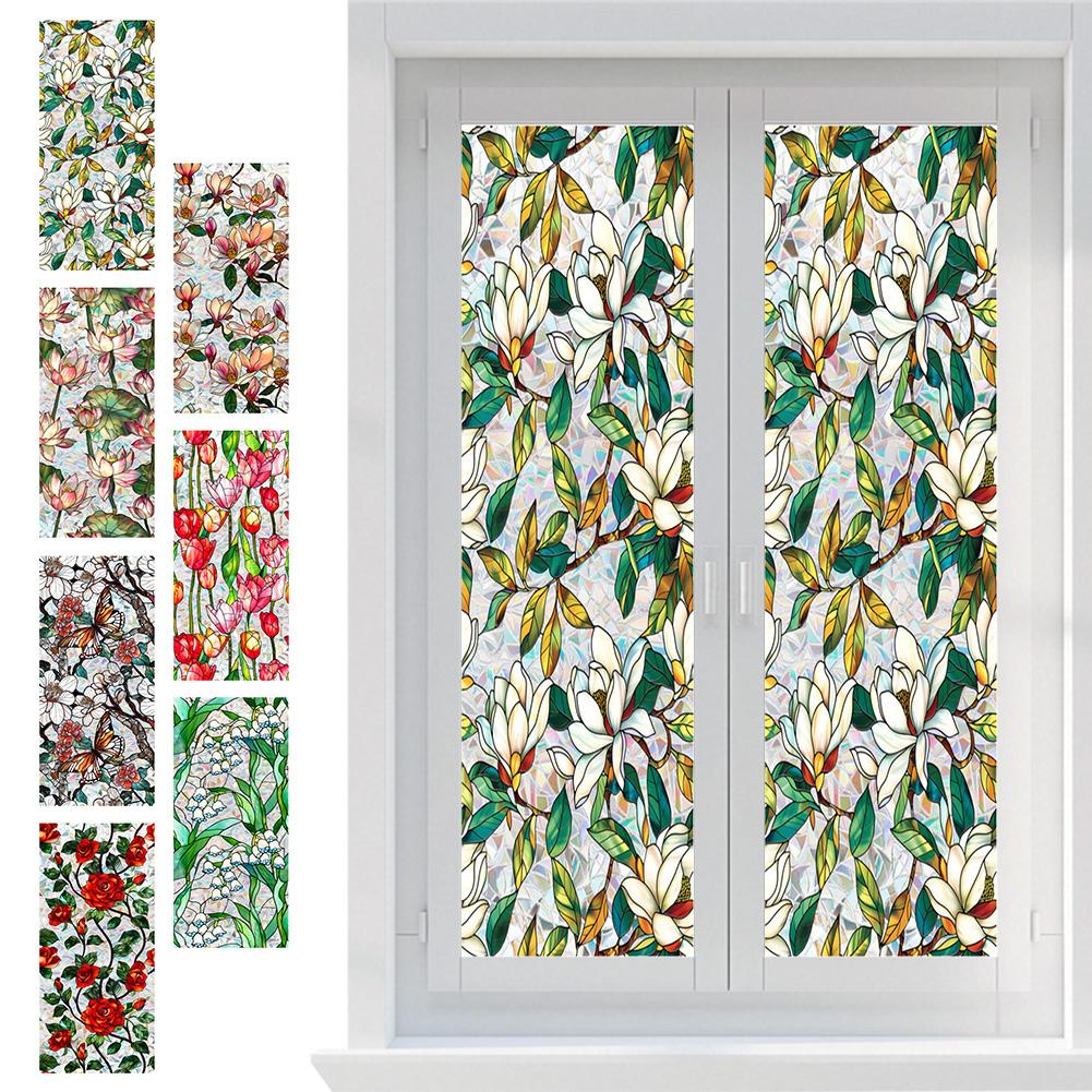 Flowers Stained Glass Window Film Removable Static Cling Stickers Floral Decorative Window Decals Window Stickers Home Decor