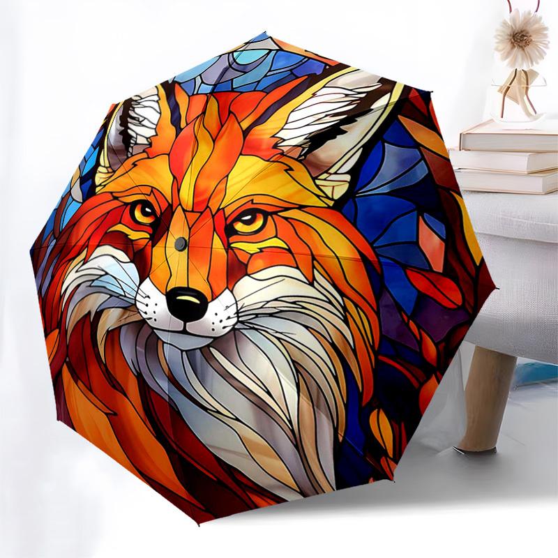 

1pc Stained Glass Fox Design Automatic Folding Umbrella - Portable Tri-Fold Design with 8-Rib Iron Frame, Outdoor, Gift for Fans, Travelers, Daily Use