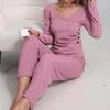Women's Vertical Stripe Plush V-Neck Long-Sleeve Top & Casual Pants Pajama Set