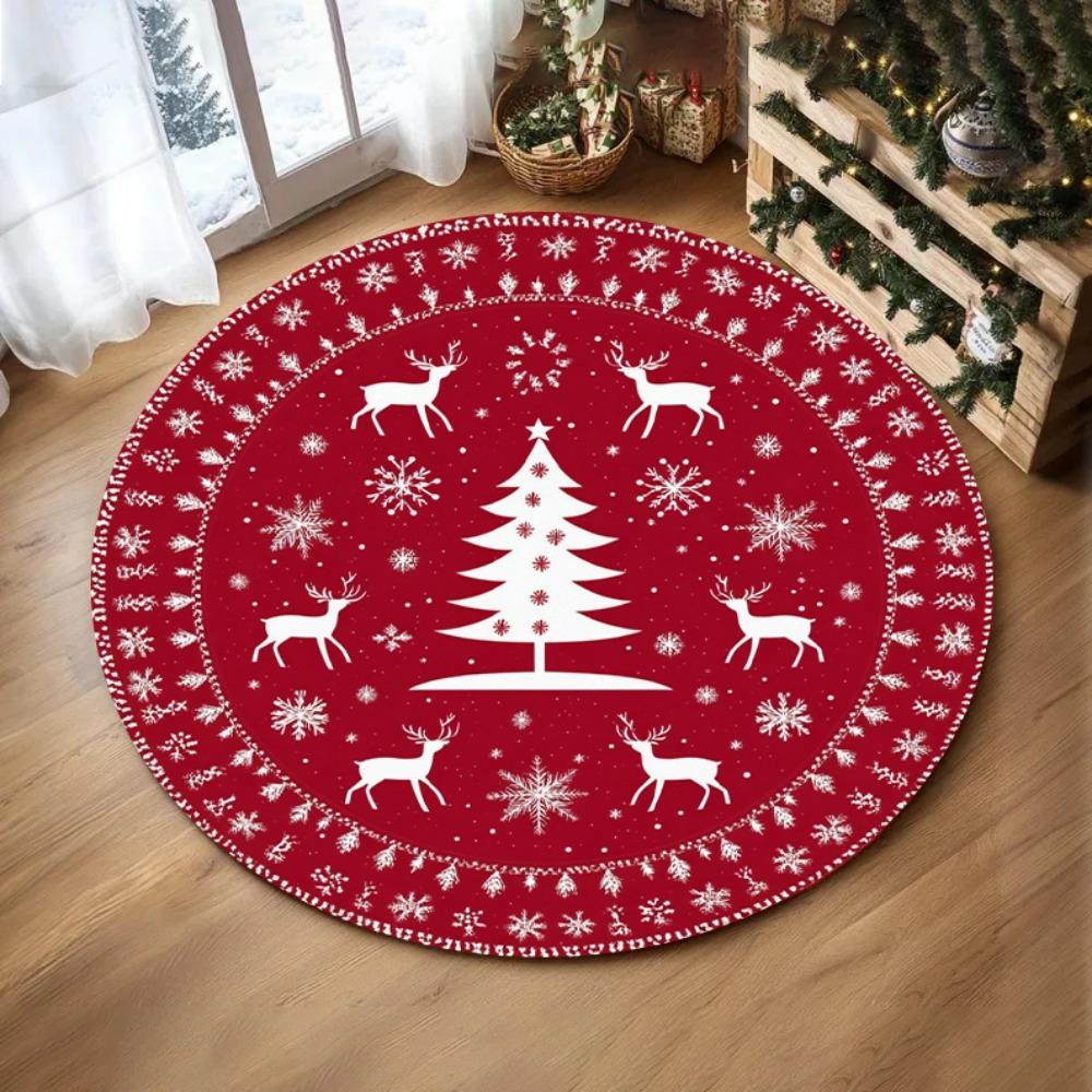 Feiertags-Saisonale Deko Runder Teppich Schneeflocken Baum Design Teppich Rentier Weihnachten Blume Bereichsteppich für Gemütliches Wohnzimmer Schlafzimmerteppich