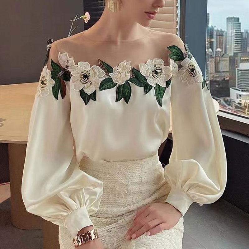 

Весна Осень Элегантная Ажурная Рубашка Модные Дизайны с Цветочными Вставками Женская Одежда Круглый Вырез Свободного Кроя Повседневная Блузка с Длинным Рукавом Новинка L зелёный