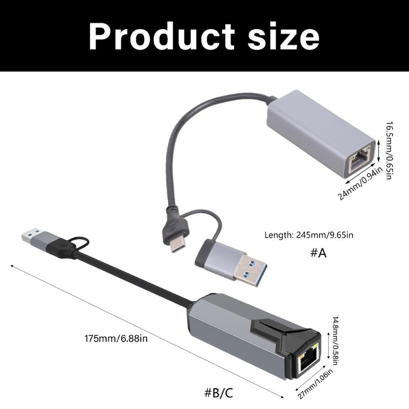 Aluminum USB C Ethernet Adapters 5000/2500/1000Mbps Fast Speed RJ45 Converters Plugs And Play For Laptop PC