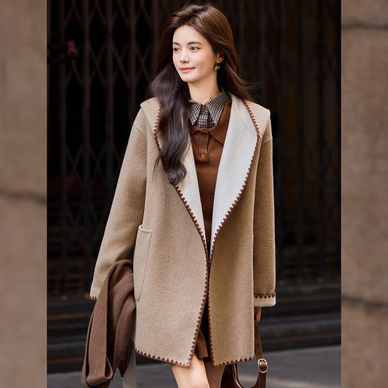 Bailuyu Women's Hooded Wool Blend Double-Faced Mid-Length Coat