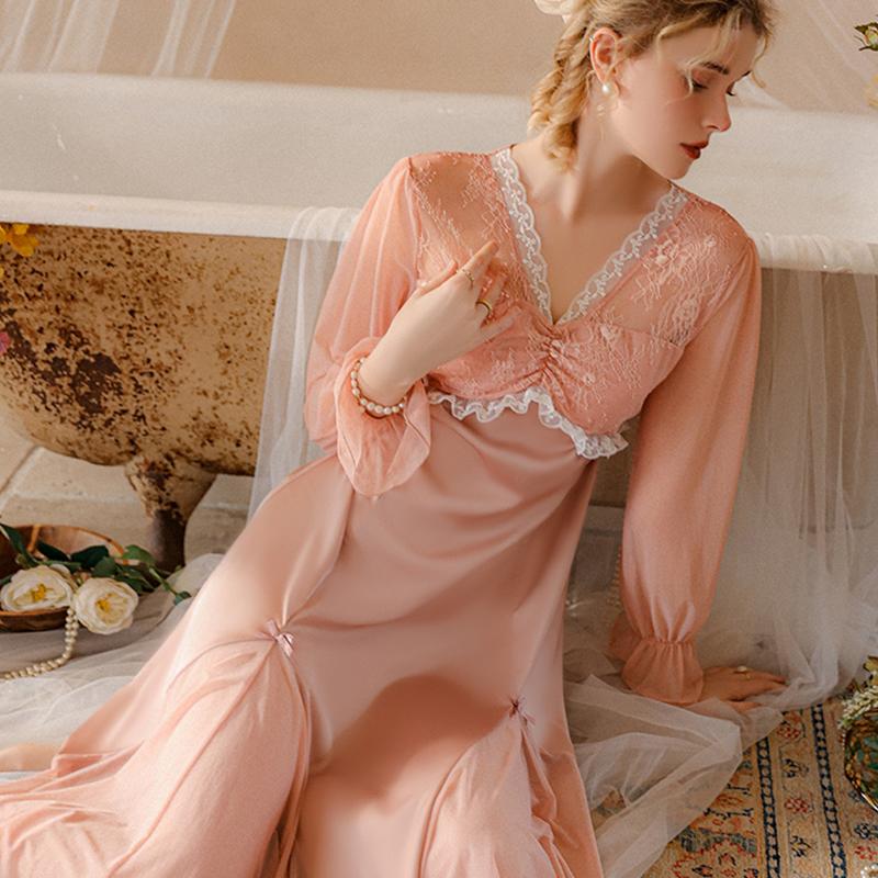 Women Sexy Sleepshirts Lace Patchwork Mesh V-neck Dress Nightgowns Porn Translucent Long Lounge Comfortable Clothing