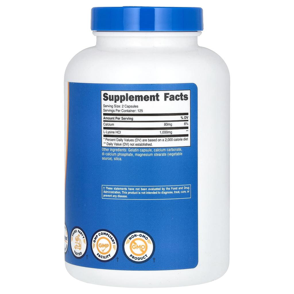 L-Lysine, 250 capsules (500 mg per capsule)