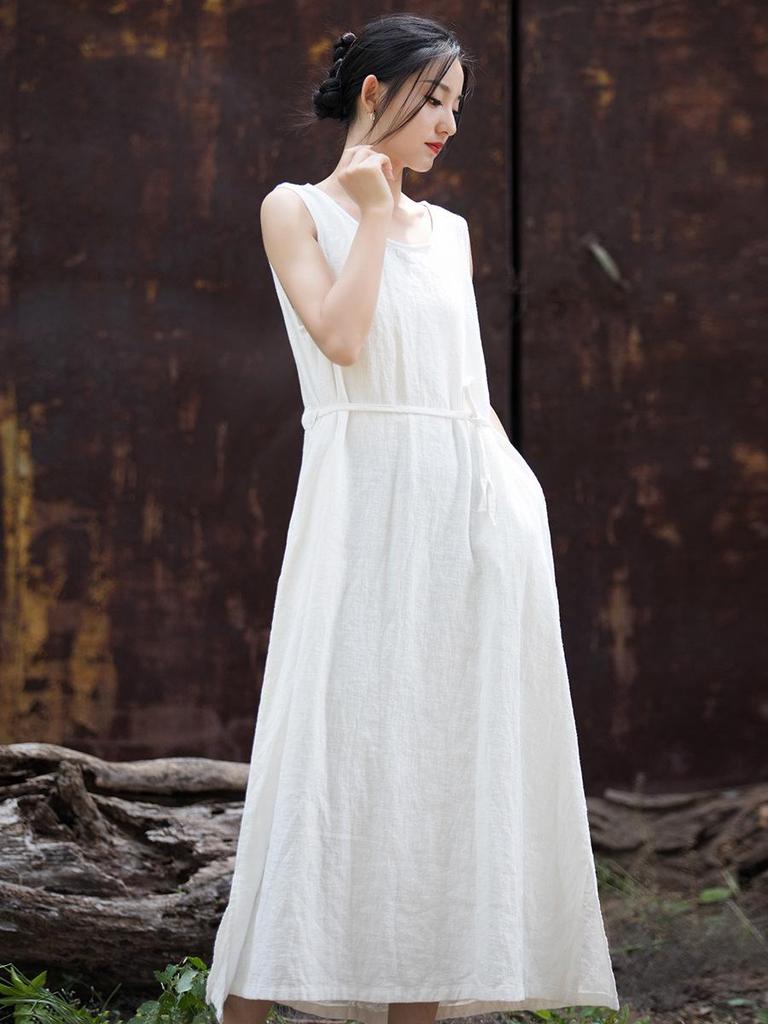 2025 Autumn/Winter Women's Cotton & Linen Ramie Tie-Up Sleeveless Dress - Long Artistic Skirt for Home & Travel