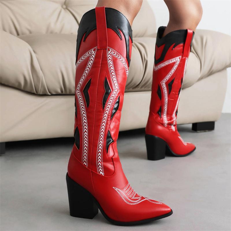 IPPEUM Women Cowboy Boots Western Knee High Block Heel Plus Size 43 Cowgirl Shoes