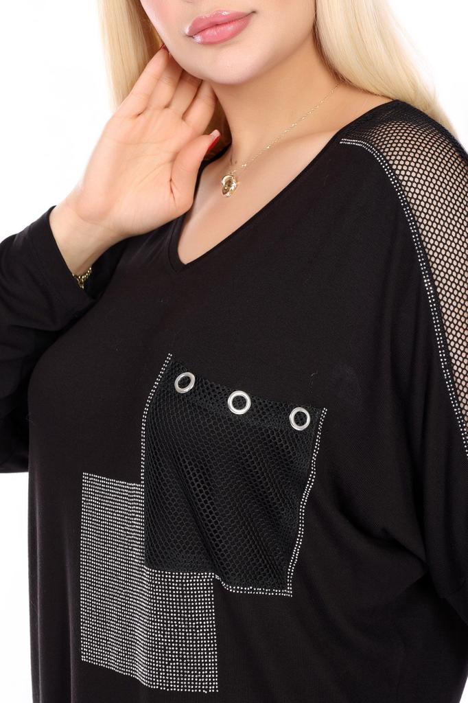 Damen-Bluse in großen Größen, V-Ausschnitt, Tasche und Ärmel, Mesh-Detail, Steinstickerei, lange Ärmel, bequeme und fließende, flexible Bluse