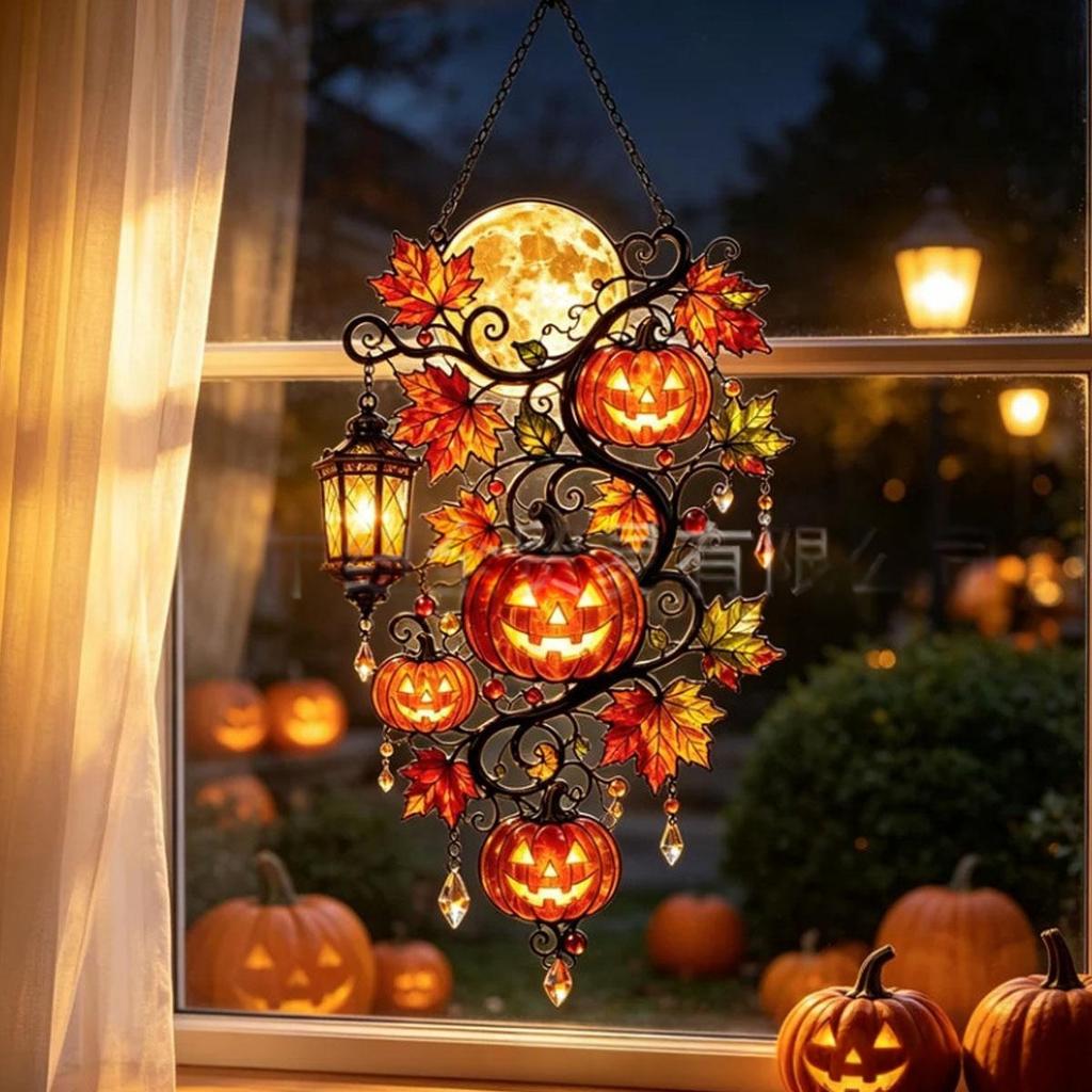 Acrylic 2D Flat Pumpkin Maple Leaf Hanging Ornament: Halloween Window Decoration for Fall Home Styling