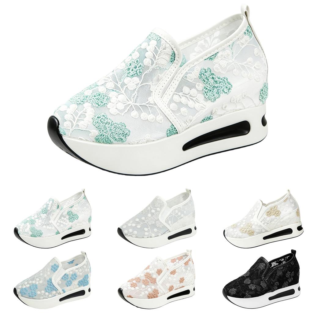 Lace Floral Embroidered Slip On Platform Wedge Shoes Lightweight Breathable Mesh Upper Casual Walking Sneakers for Women