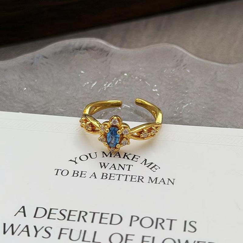 Medieval Vintage French Colored Treasure Zircon Light Luxury High-End Open Ring Niche Design Ring Woman