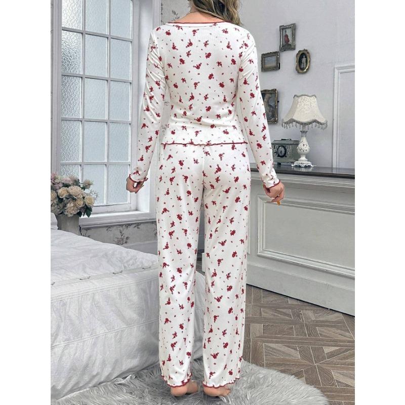 European American Style Sexy Casual Long Sleeve Long Pants Two Piece Pajama Set For Women
