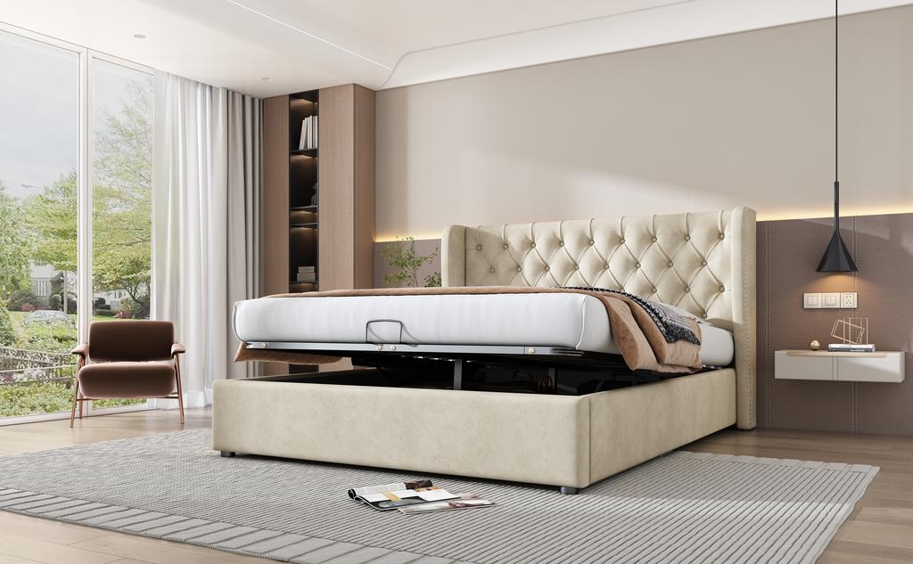 Upholstered Wingback Velvet Bed, Button Tufting, 180*200, Hydraulic Storage Bed, Slatted Frame, Underside Dirt-Repellent Black Non-Woven Fabric, Beige