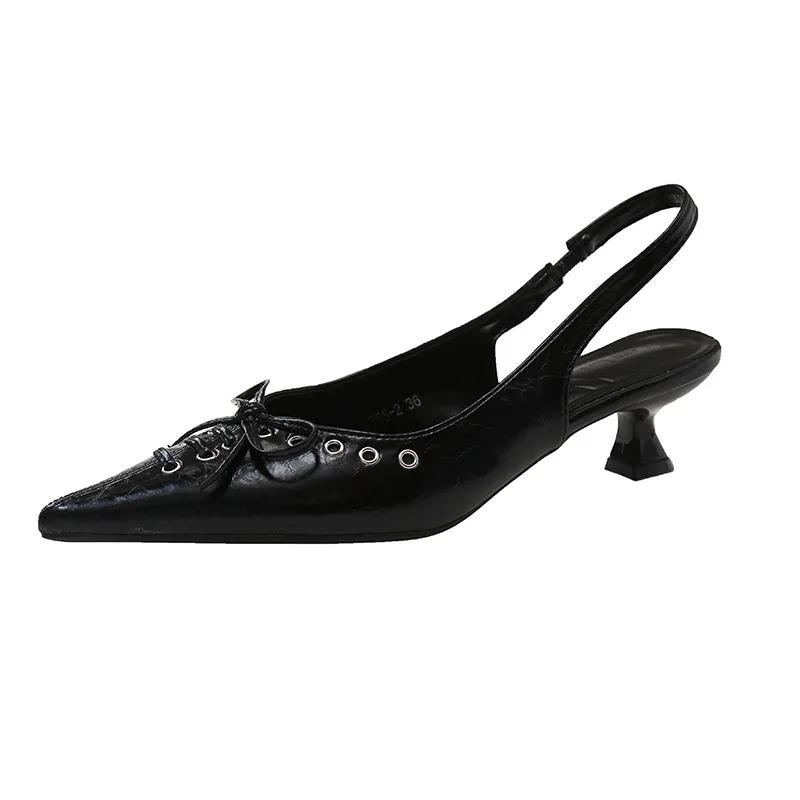 

Fashion 2025 New Summer French Black Pointed Bowknot Mid-heel Overhead Sandals for Women Elegance Skinny Heel Back Empty Shoes 35