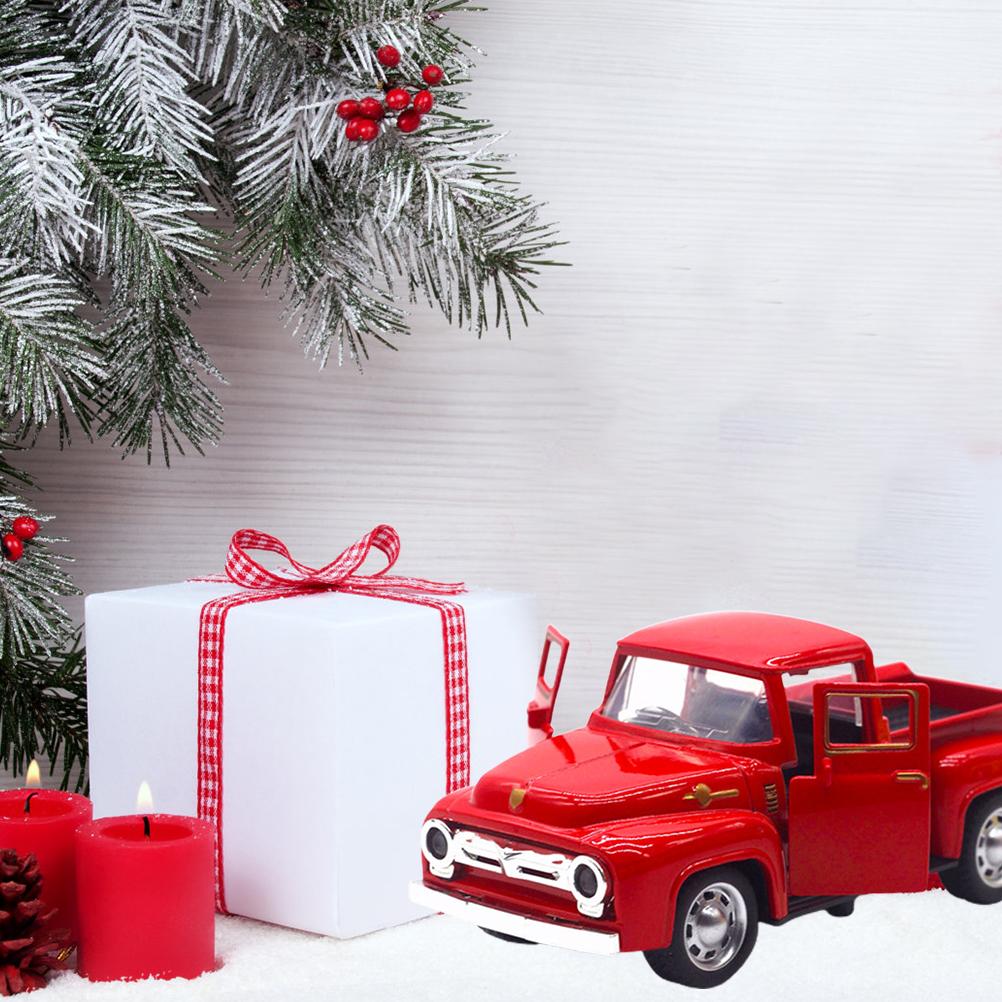 Vintage Red Truck Decor 1:32 Red Metal Pickup Truck Car Model Christmas Decorations for Desktop and