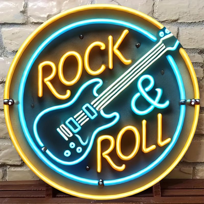 Rock and Roll Neon Style Round Metal Sign D Flat Printed Electric Guitar Art Tin Plaque Vibrant Blue and Yellow Retro Rock Mu